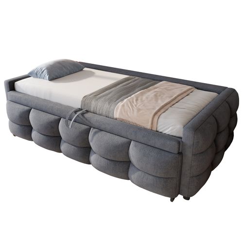 Lit Gigogne 90/180x190 Cm En Velours Teddy Gris Avec Sommier