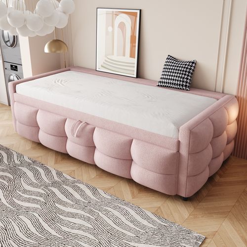Lit Gigogne 90/180x190 Cm En Velours Teddy Rose Avec Sommier