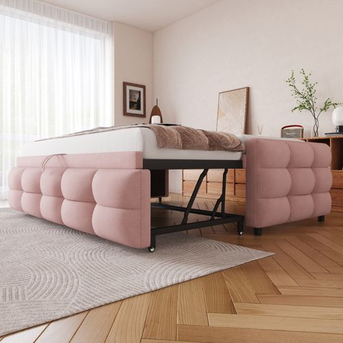 Lit Gigogne 90/180x190 Cm En Velours Teddy Rose Avec Sommier