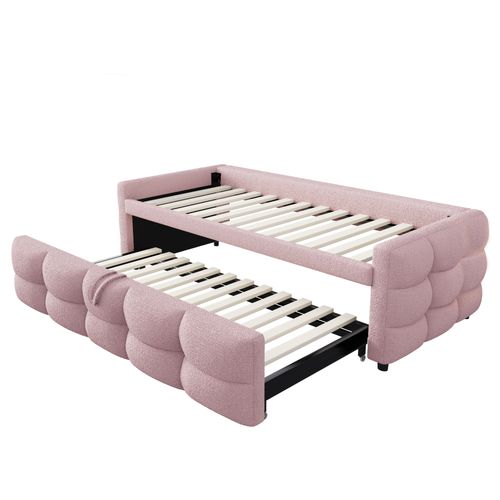 Lit Gigogne 90/180x190 Cm En Velours Teddy Rose Avec Sommier