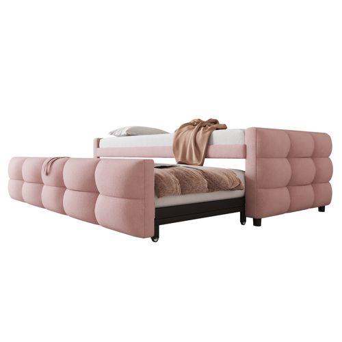 Lit Gigogne 90/180x190 Cm En Velours Teddy Rose Avec Sommier