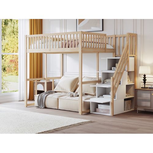 Lit Mezzanine 140x200 Cm En Pin Massif Couleur Bois Avec Échelle Sécurisée Et Rangement