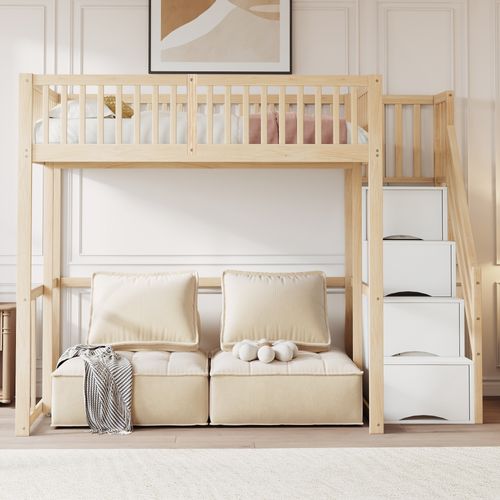 Lit Mezzanine 140x200 Cm En Pin Massif Couleur Bois Avec Échelle Sécurisée Et Rangement