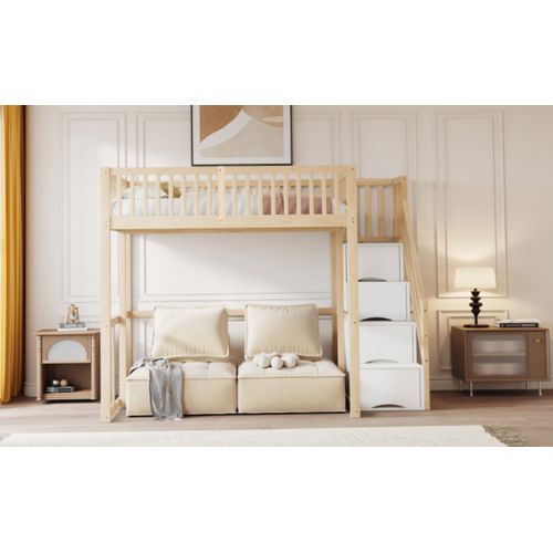 Lit Mezzanine 140x200 Cm En Pin Massif Couleur Bois Avec Échelle Sécurisée Et Rangement