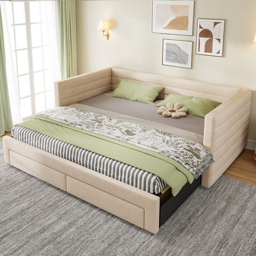 Lit Gigogne 3-en-1 90x190 Cm Convertible En Lit Simple Ou Double Avec Tiroirs Beige