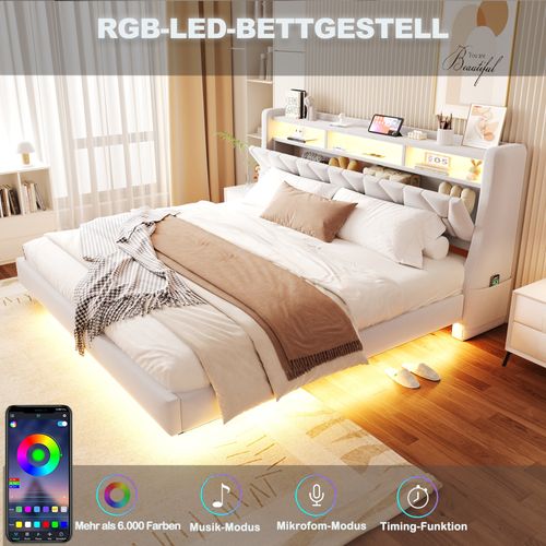 Lit Double 180x200 Cm En Velours Avec Tête Relevable, LED Et Rangement Intégré