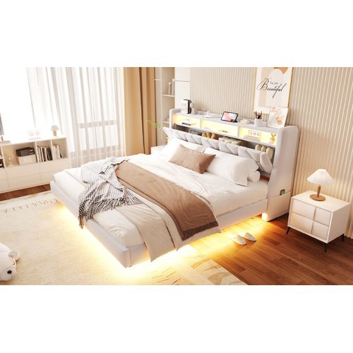 Lit Double 180x200 Cm En Velours Avec Tête Relevable, LED Et Rangement Intégré