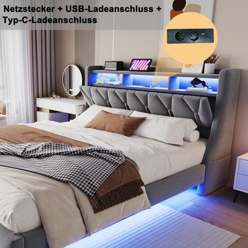 Lit Double 180x200 Cm En Velours Avec Tête Relevable, LED Et Rangement Intégré