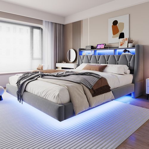 Lit Double 180x200 Cm En Velours Avec Tête Relevable, LED Et Rangement Intégré