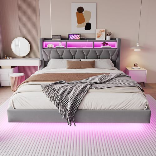 Lit Double 180x200 Cm En Velours Avec Tête Relevable, LED Et Rangement Intégré