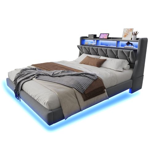 Lit Double 180x200 Cm En Velours Avec Tête Relevable, LED Et Rangement Intégré