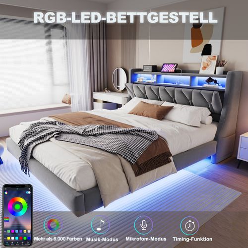Lit Double 180x200 Cm En Velours Avec Tête Relevable, LED Et Rangement Intégré