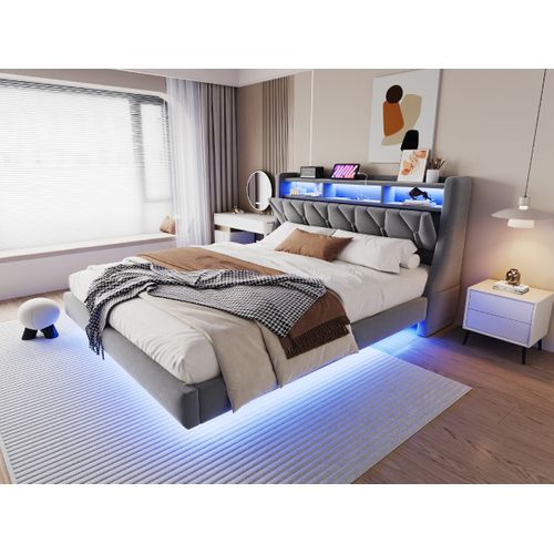 Lit Double 180x200 Cm En Velours Avec Tête Relevable, LED Et Rangement Intégré