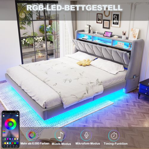 Lit Double 180x200 Cm En Velours Avec Tête Relevable, LED Et Rangement Intégré