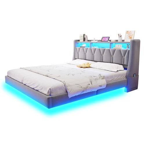 Lit Double 180x200 Cm En Velours Avec Tête Relevable, LED Et Rangement Intégré