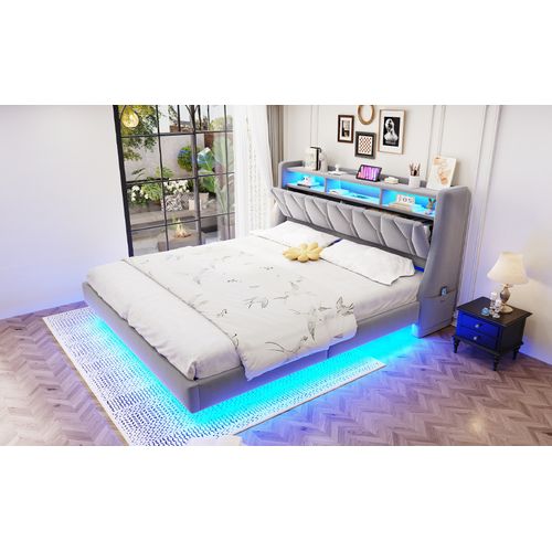 Lit Double 180x200 Cm En Velours Avec Tête Relevable, LED Et Rangement Intégré