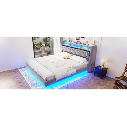 Lit Double 180x200 Cm En Velours Avec Tête Relevable, LED Et Rangement Intégré