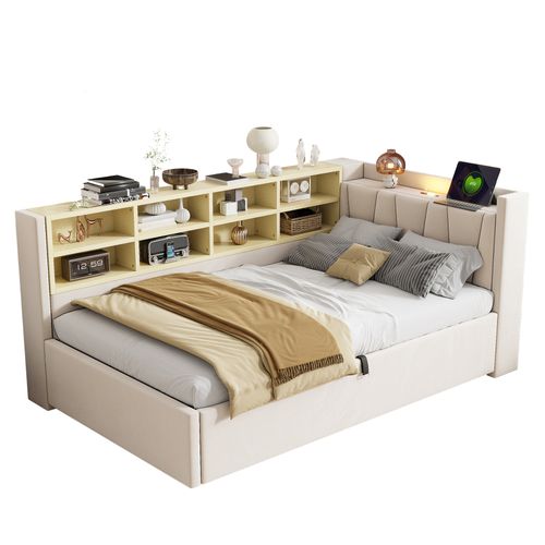 Lit Enfant 90x200 Cm En Velours Avec Rangement Hydraulique, LED Et USB, Beige