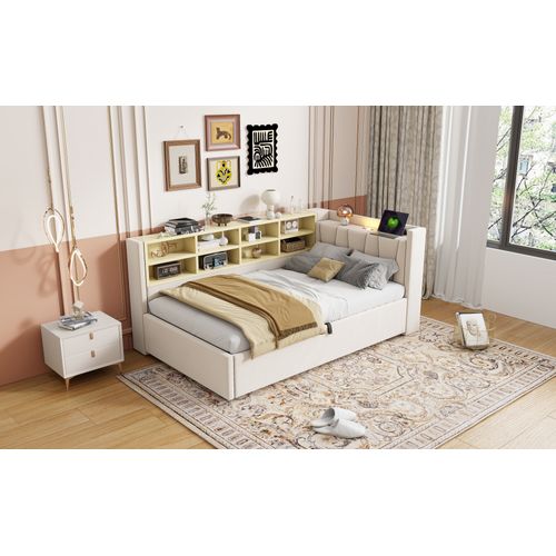 Lit Enfant 90x200 Cm En Velours Avec Rangement Hydraulique, LED Et USB, Beige