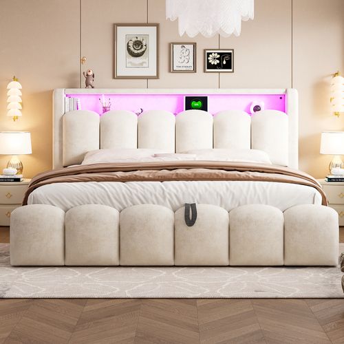 Lit Double 180x200 Cm En Velours Beige Avec LED, USB Et Coffre Hydraulique