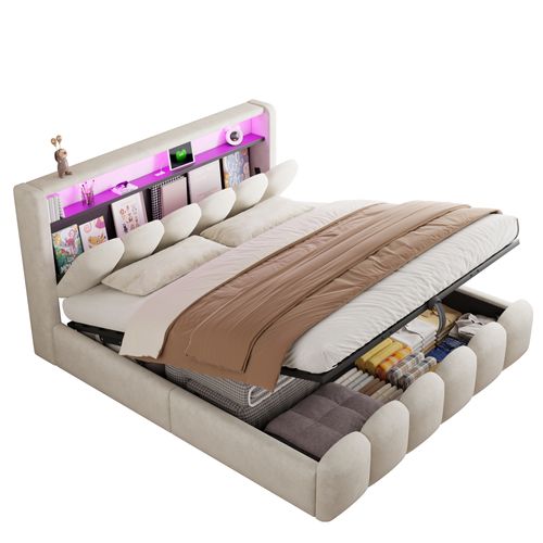 Lit Double 180x200 Cm En Velours Beige Avec LED, USB Et Coffre Hydraulique
