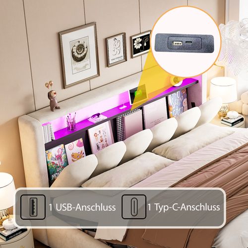 Lit Double 180x200 Cm En Velours Beige Avec LED, USB Et Coffre Hydraulique