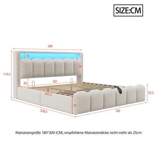 Lit Double 180x200 Cm En Velours Beige Avec LED, USB Et Coffre Hydraulique