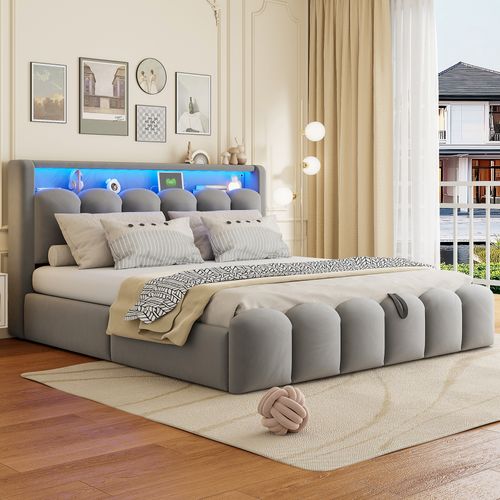 Lit Double 180x200 Cm En Velours Gris Avec LED, USB Et Coffre Hydraulique