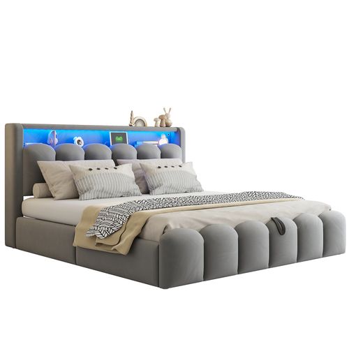 Lit Double 180x200 Cm En Velours Gris Avec LED, USB Et Coffre Hydraulique