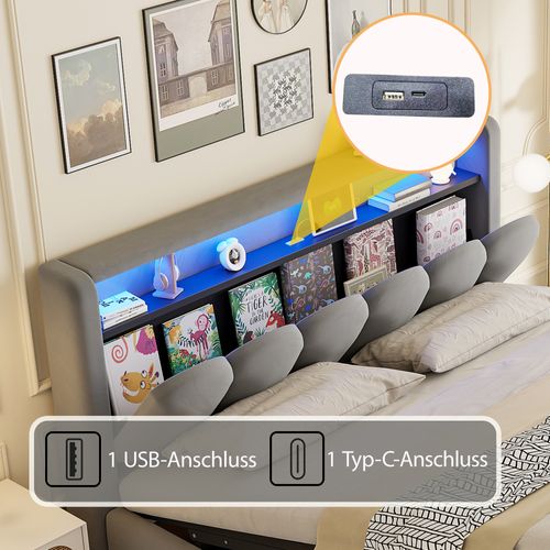 Lit Double 180x200 Cm En Velours Gris Avec LED, USB Et Coffre Hydraulique