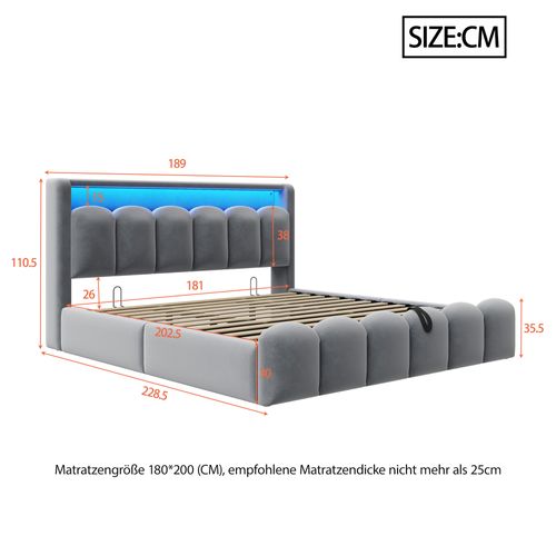 Lit Double 180x200 Cm En Velours Gris Avec LED, USB Et Coffre Hydraulique