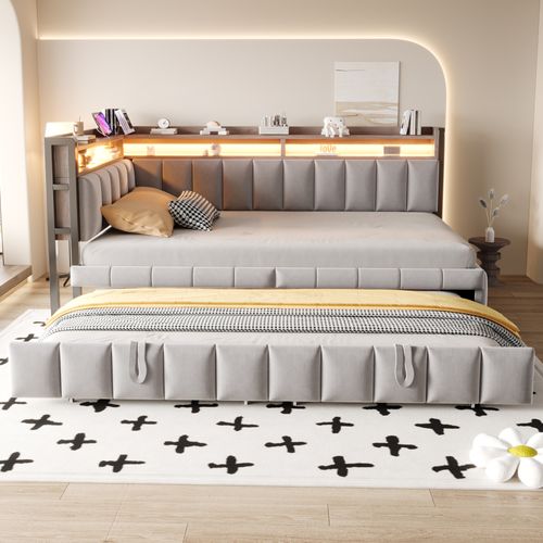 Lit Gigogne 90x200 Cm En Velours Gris Clair Avec LED, Tiroirs Et Ports USB/type-c