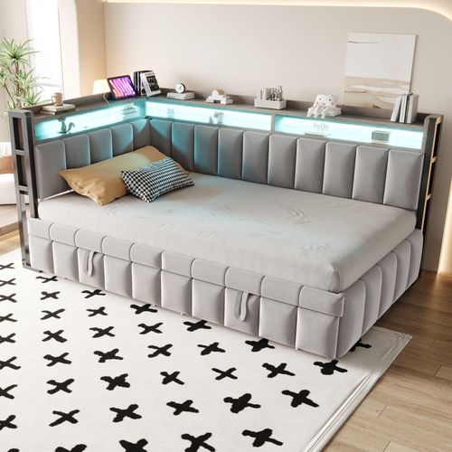 Lit Gigogne 90x200 Cm En Velours Gris Clair Avec LED, Tiroirs Et Ports USB/type-c