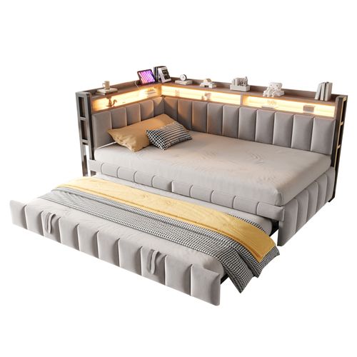 Lit Gigogne 90x200 Cm En Velours Gris Clair Avec LED, Tiroirs Et Ports USB/type-c