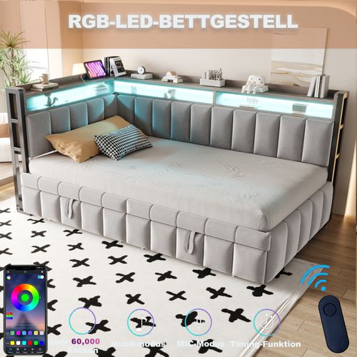 Lit Gigogne 90x200 Cm En Velours Gris Clair Avec LED, Tiroirs Et Ports USB/type-c