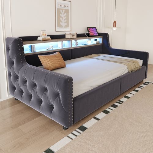 Canapé-lit 90x200 Cm En Velours Gris Foncé Avec LED, Rangement Hydraulique Et Ports USB