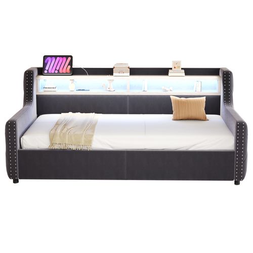 Canapé-lit 90x200 Cm En Velours Gris Foncé Avec LED, Rangement Hydraulique Et Ports USB