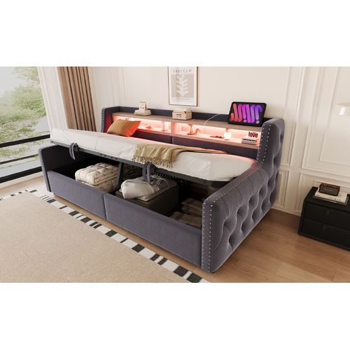 Canapé-lit 90x200 Cm En Velours Gris Foncé Avec LED, Rangement Hydraulique Et Ports USB