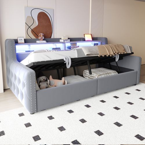 Canapé-lit 90x200 Cm En Velours Gris Clair Avec LED, Rangement Hydraulique Et Ports USB