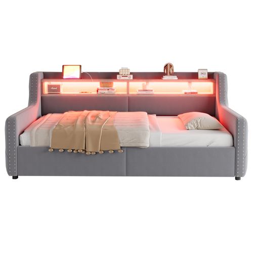 Canapé-lit 90x200 Cm En Velours Gris Clair Avec LED, Rangement Hydraulique Et Ports USB