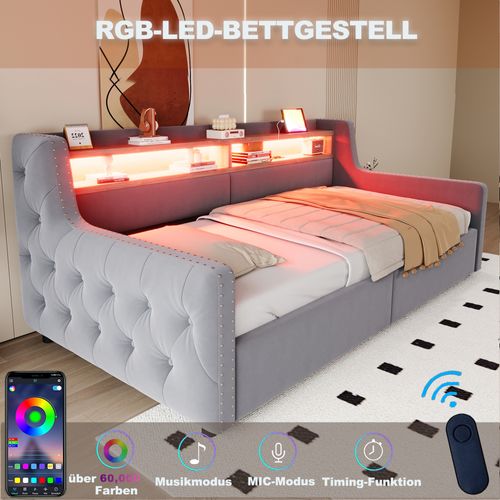 Canapé-lit 90x200 Cm En Velours Gris Clair Avec LED, Rangement Hydraulique Et Ports USB