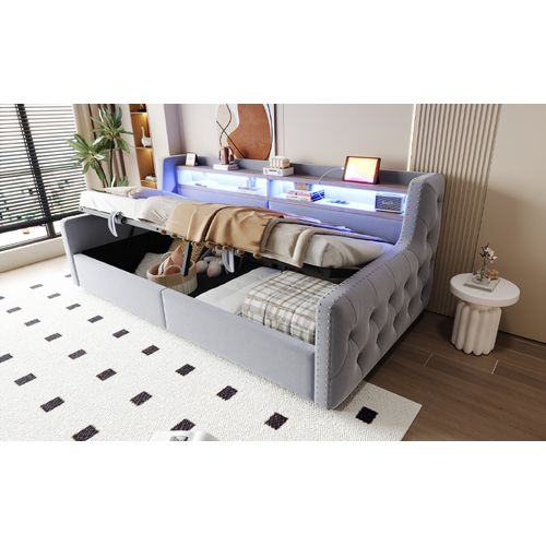 Canapé-lit 90x200 Cm En Velours Gris Clair Avec LED, Rangement Hydraulique Et Ports USB