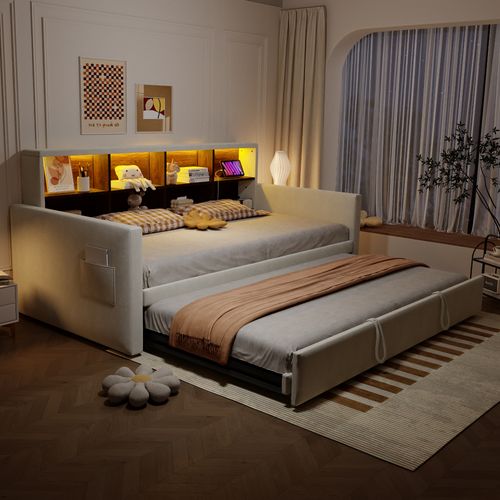 Lit Gigogne 90x190 Cm En Velours Beige Avec Tiroir Extensible, LED, USB Et Rangements Intégrés