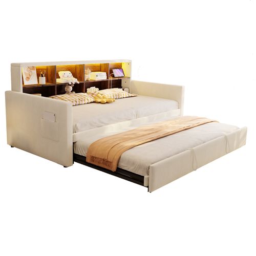 Lit Gigogne 90x190 Cm En Velours Beige Avec Tiroir Extensible, LED, USB Et Rangements Intégrés