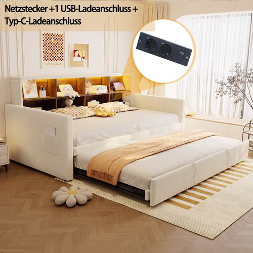 Lit Gigogne 90x190 Cm En Velours Beige Avec Tiroir Extensible, LED, USB Et Rangements Intégrés