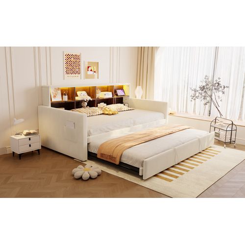 Lit Gigogne 90x190 Cm En Velours Beige Avec Tiroir Extensible, LED, USB Et Rangements Intégrés
