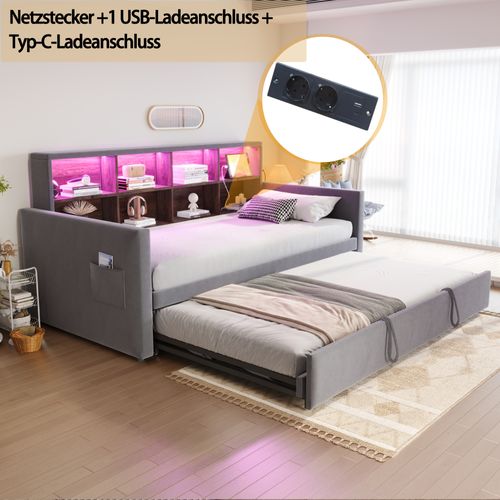 Lit Gigogne 90x190 Cm En Velours Gris Foncé Avec Tiroir Extensible, LED, USB Et Rangements Intégrés