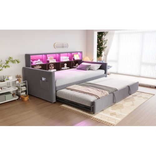 Lit Gigogne 90x190 Cm En Velours Gris Foncé Avec Tiroir Extensible, LED, USB Et Rangements Intégrés