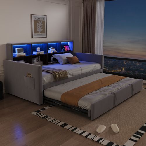 Lit Gigogne 90x190 Cm En Velours Gris Clair Avec Tiroir Extensible, LED, USB Et Rangements Intégrés