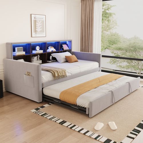 Lit Gigogne 90x190 Cm En Velours Gris Clair Avec Tiroir Extensible, LED, USB Et Rangements Intégrés